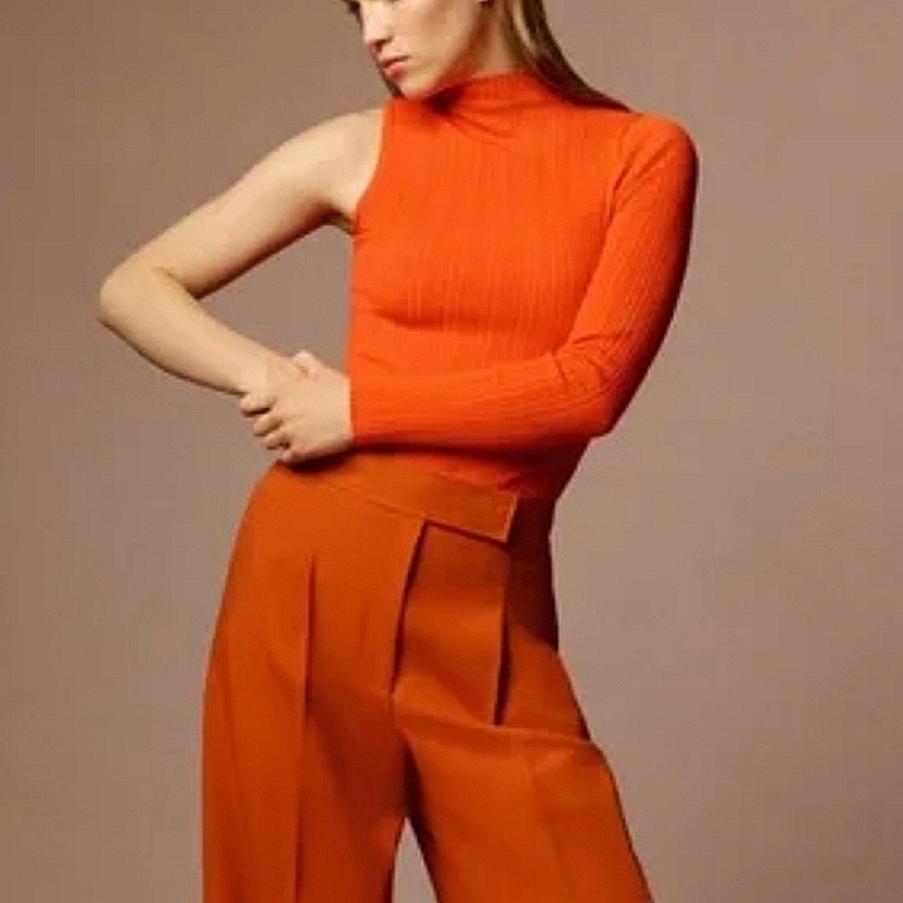 🌿Zara Orange One-Shoulder Ribbed Bodysuit, Size M ~ NWT